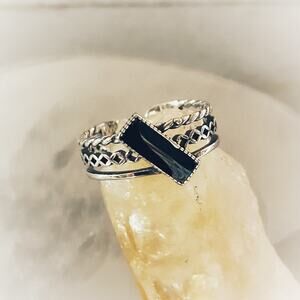 925 Sterling Silver black Rectangle Vintage Ring-Adjustable